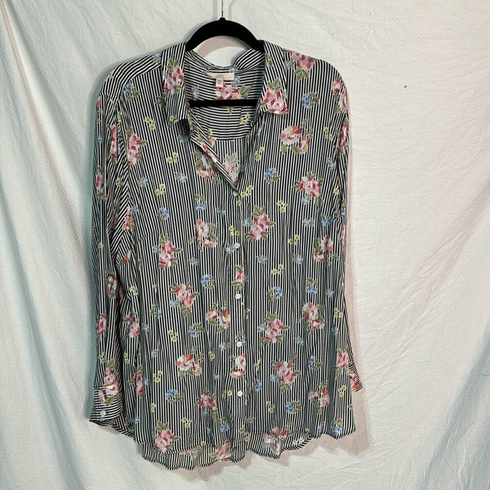 Como Vintage 2x black white stripe flowers print like new 💯 rayon washable euc